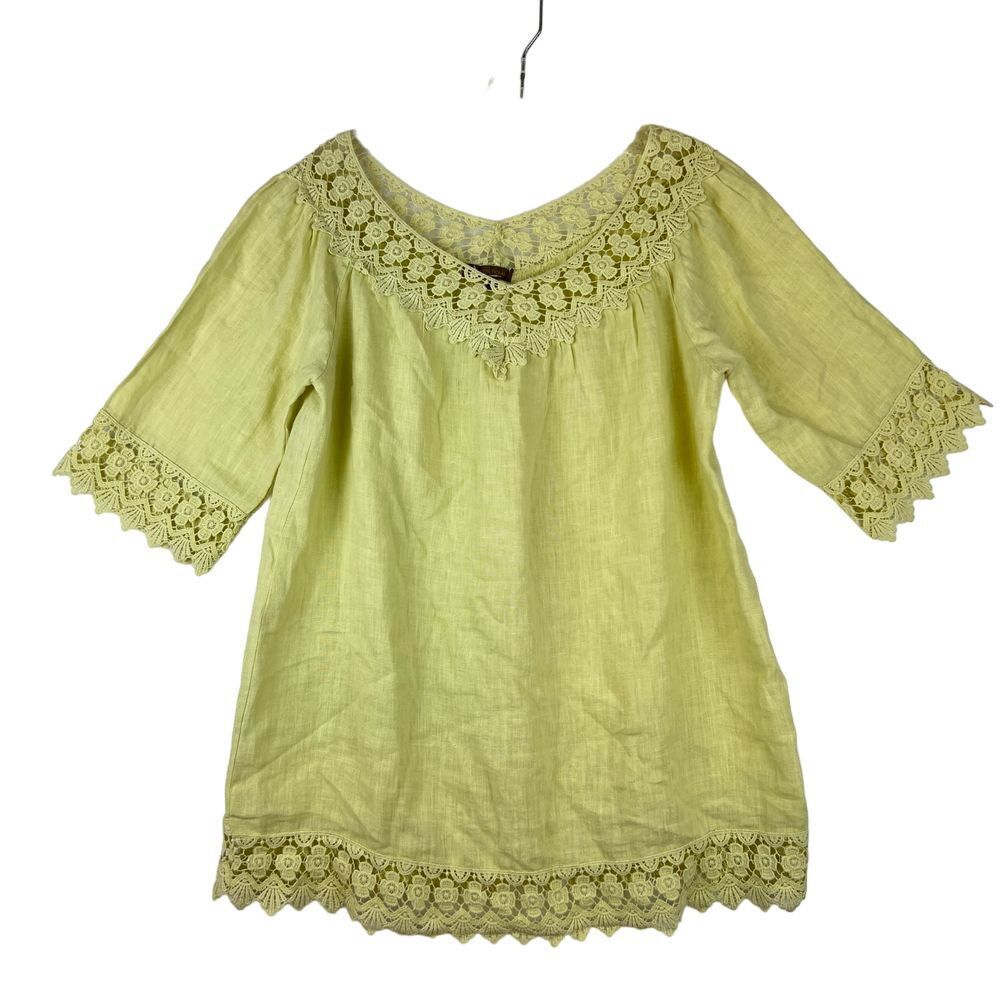 PIAZZA ROMA 100% Linen‎ Pale Yellow Tunic Crochet Details Size Small From Italy